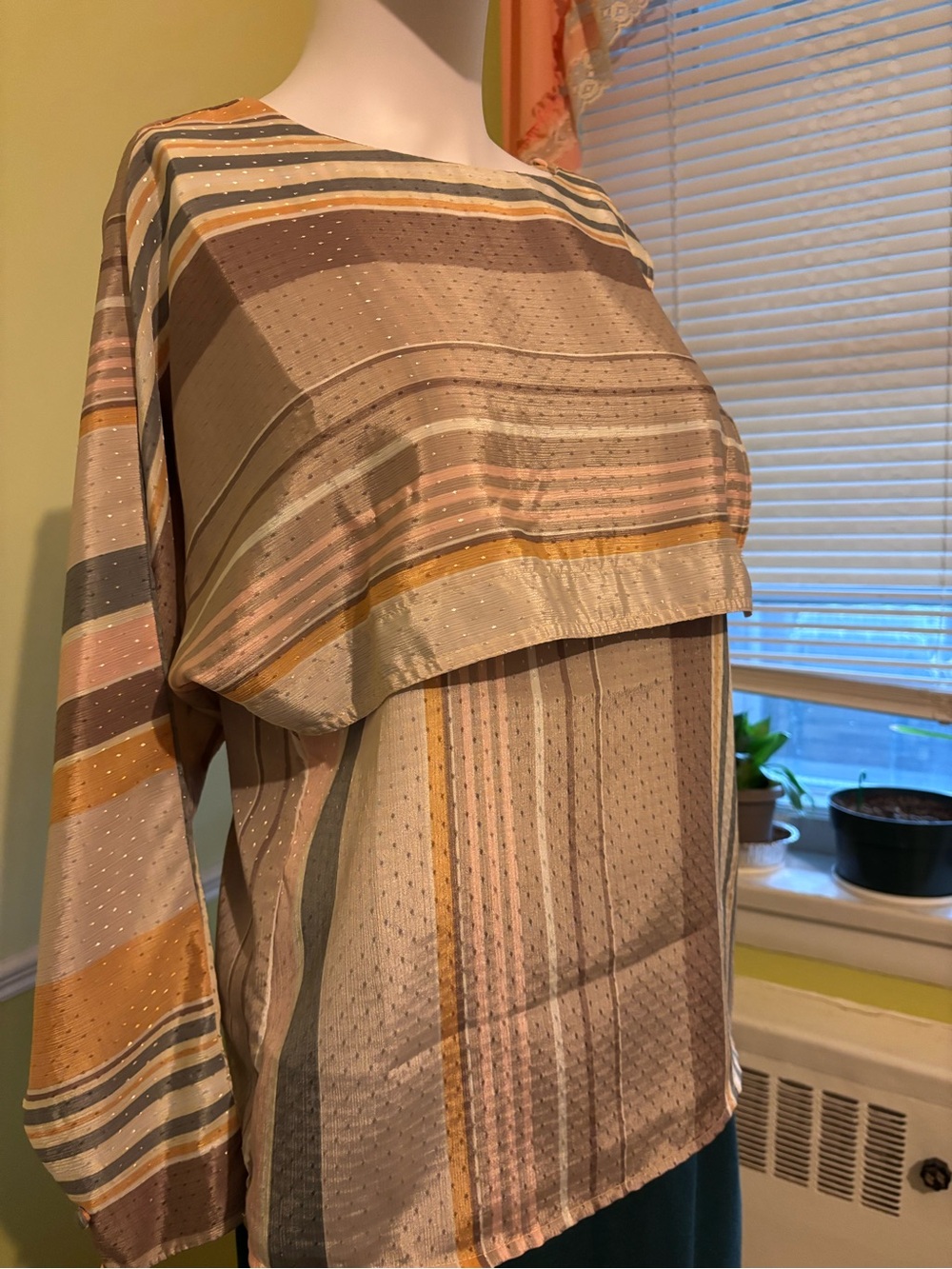 Vintage Facette Striped Layered Blouse Dolman Sleeve Metallic Detail